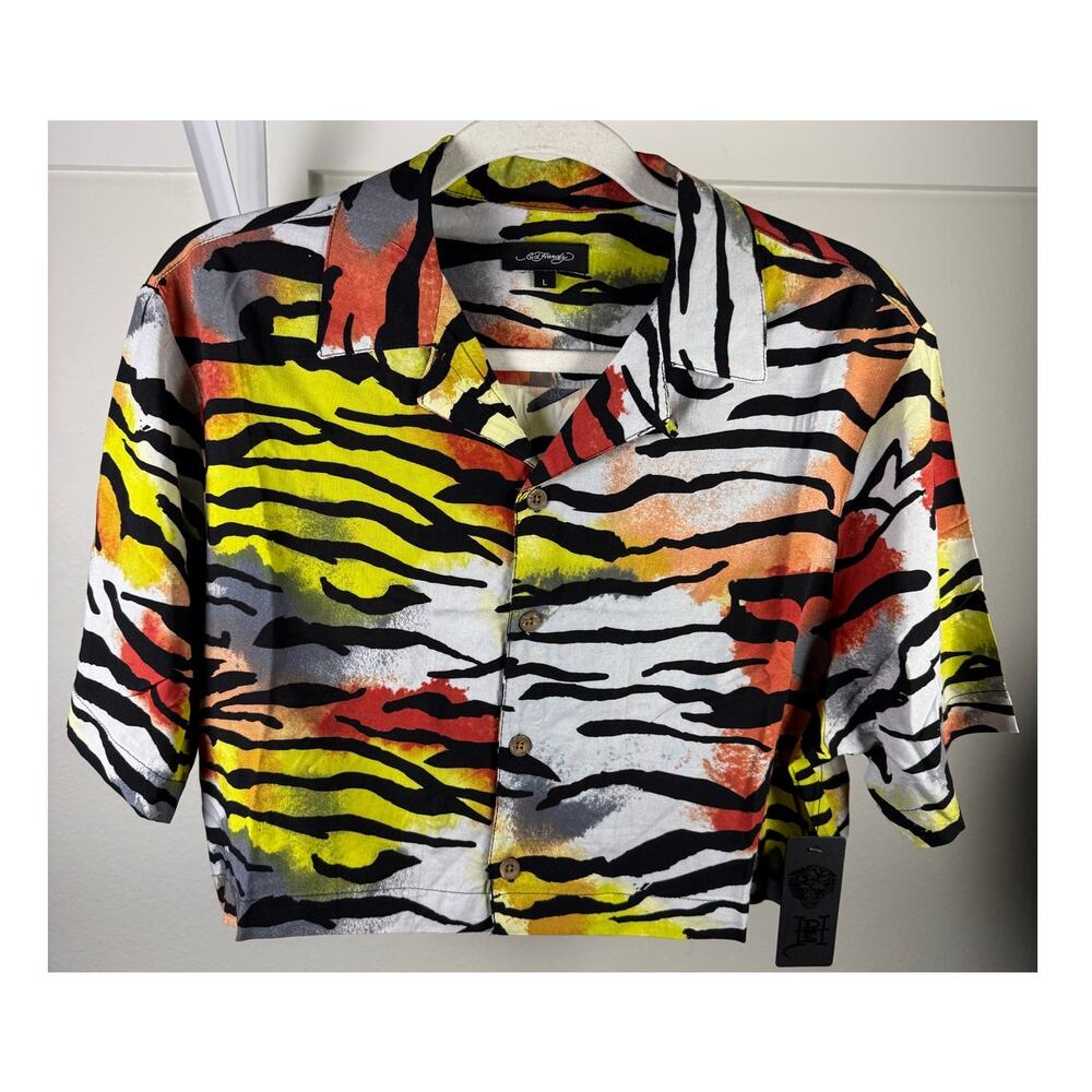 NWT Ed Hardy Tiger Stripe Multicolor‎ Cropped Button Up Shirt Women's Size Large